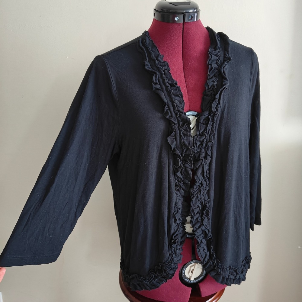 Marisa Christina Women's Cardigan Sweater Black‎ Ruffle Trim Front 3/4 Sleeve 1X